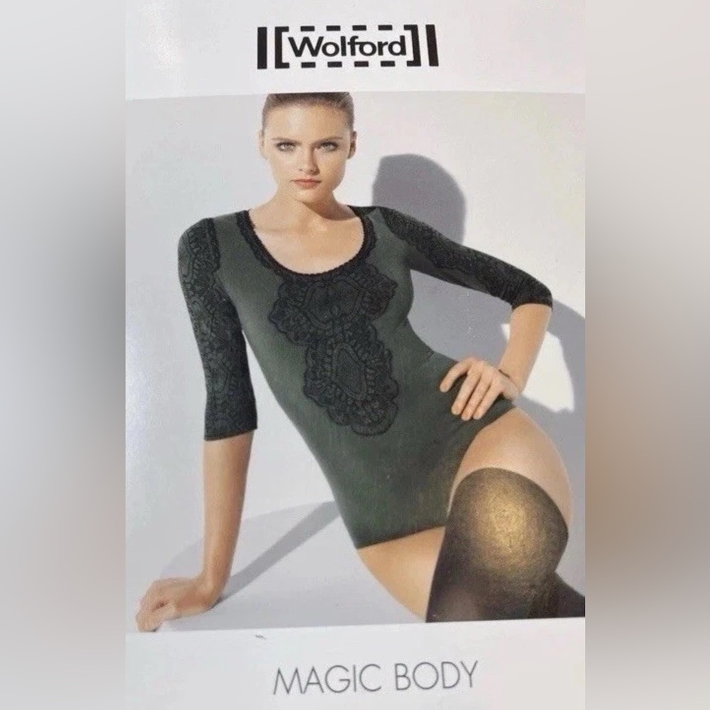 Wolford Magic Body Bodysuit in Dark Green and Black with Lace print details XS